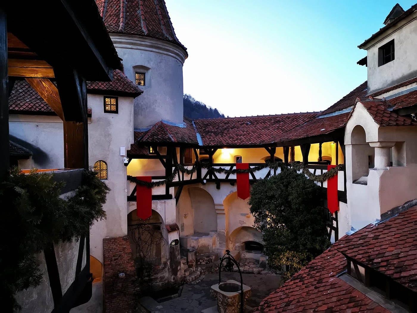Bran Castle inner courtyard at dusk